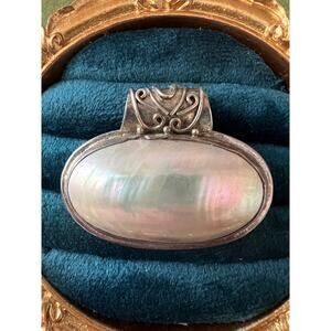Vintage 925 Sterling Mother of Pearl Pendant Artisan Filigree Large Oval Shell